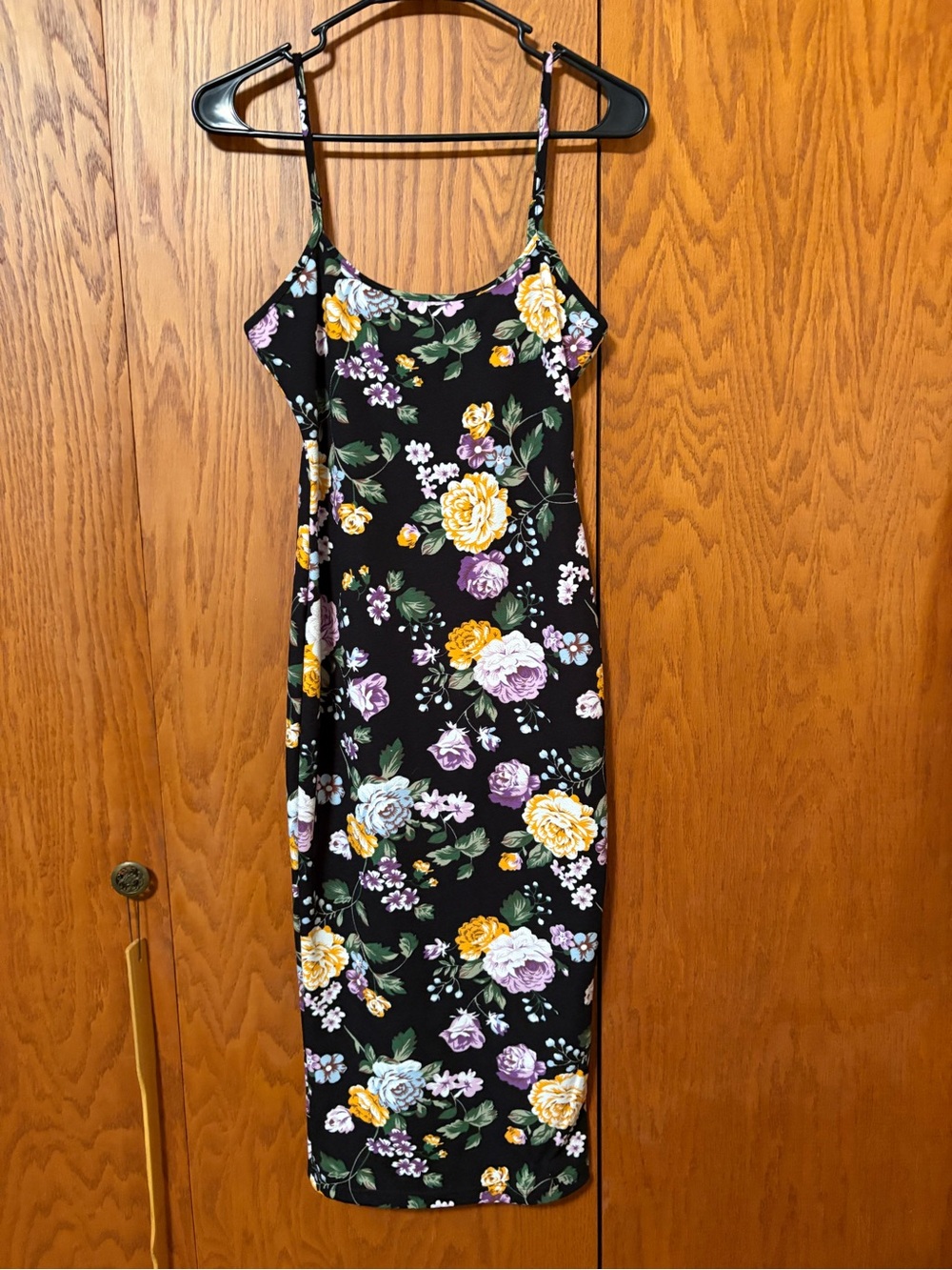 SHEIN Black Spaghetti Strap Floral Midi Dress with Yellow & Purple Blooms